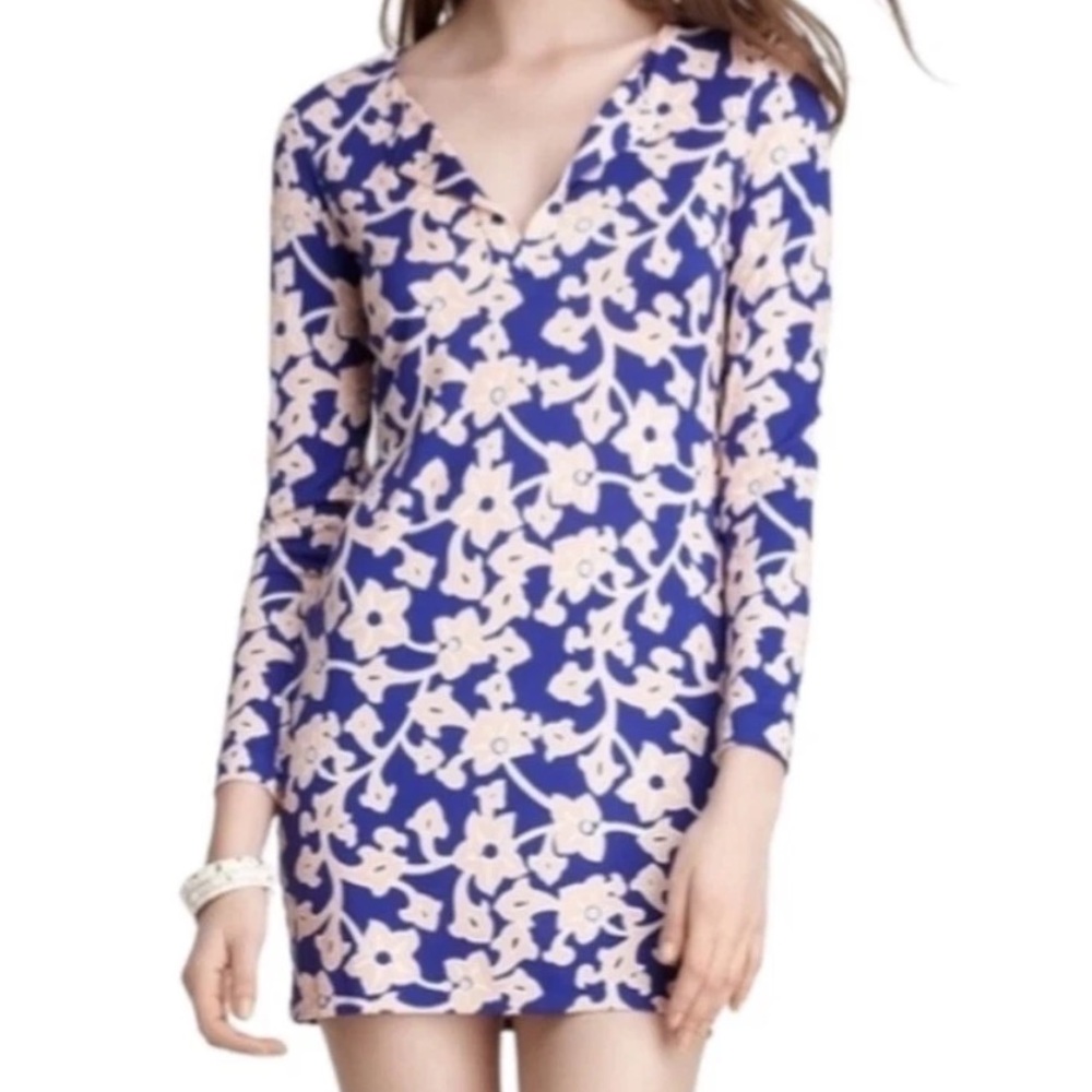 DIANE VON FURSTENBERG Size 6 Blue Floral Silk Long Sleeve Reina Sheath Dress